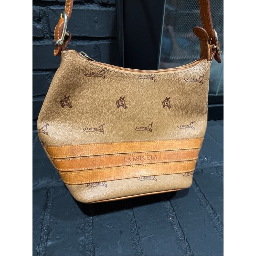 La Espuela Shoulder Bag Women Small Tan Horse Print Equestrian Leather Trim